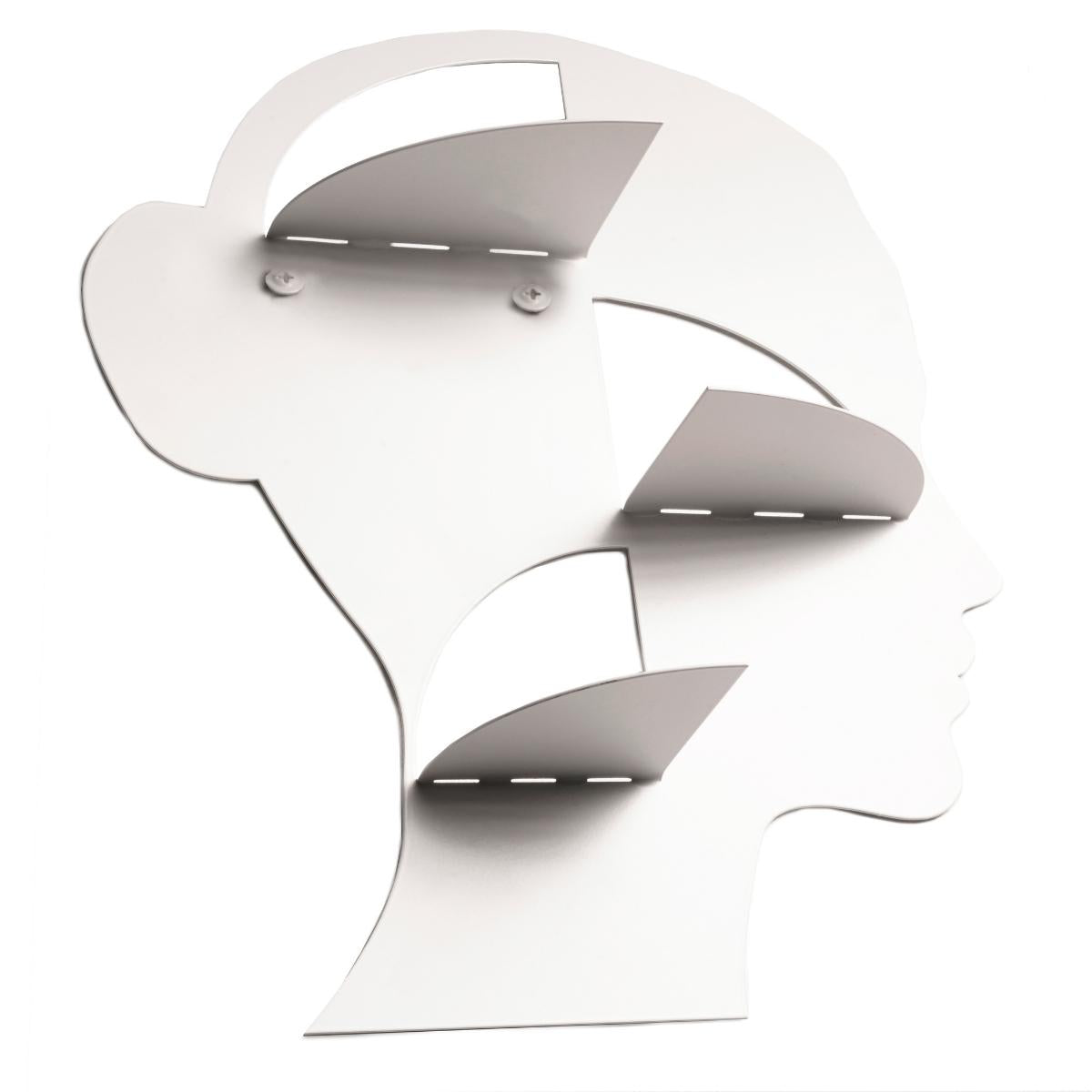 Creative white wall shelf in the shape of a face, with three floating shelves for decorative items or storage.